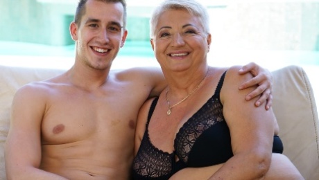 Fat grandma's tits covered with jizz