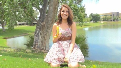 Stunning Kinsley with natural tits pleasuring herself with a banana