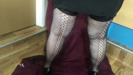 Old granny in her slutty skirt and fishnet stockings