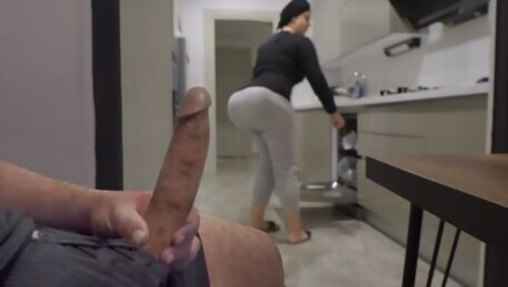 Stepmom caught me jerking off while watching her ass in the Kitchen.